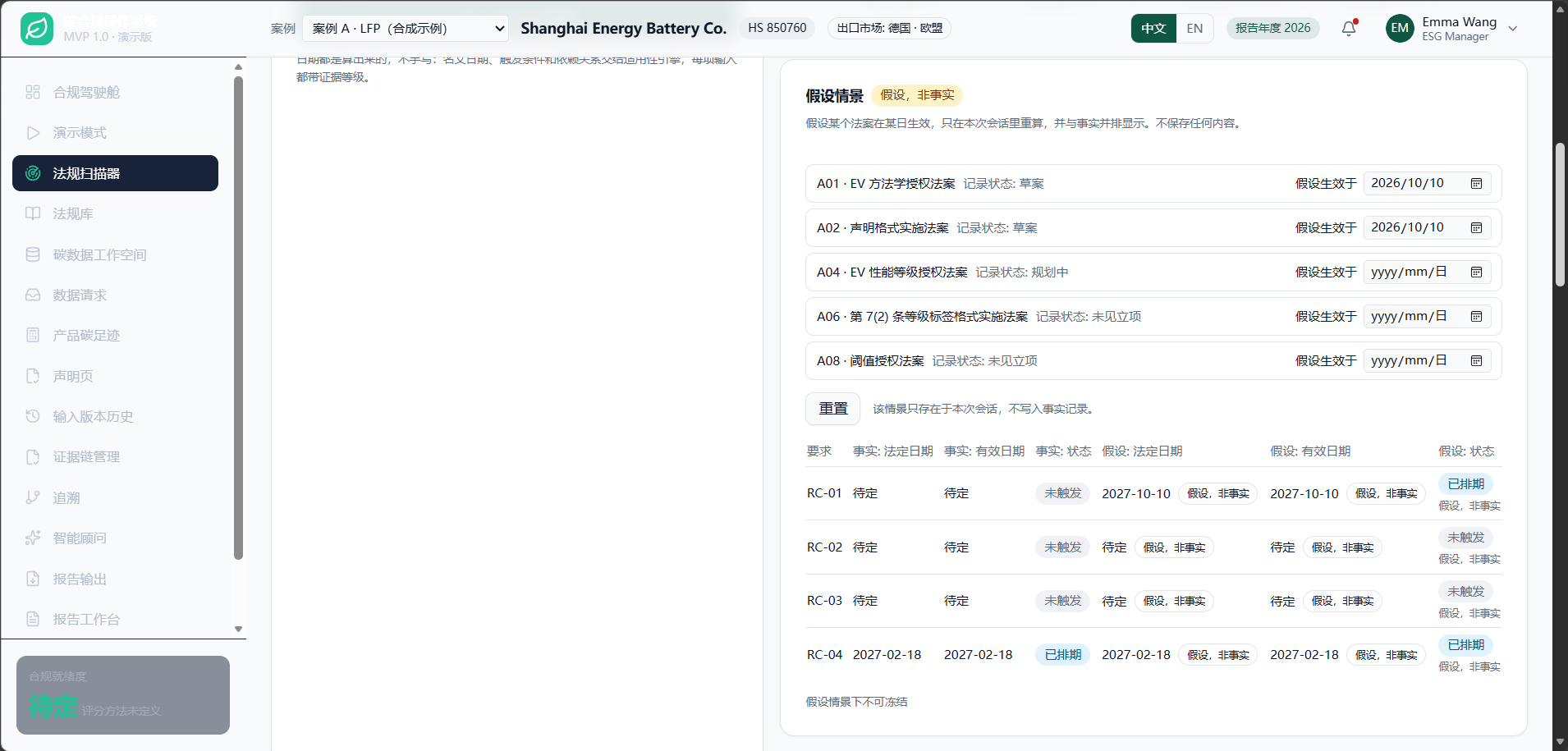 假设情景：假设两个法案同日生效，系统在内存里重算，页面标注"假设，非事实"。